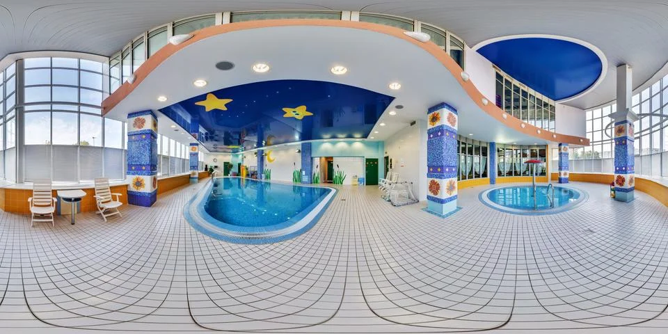 Panorama 360 angle view in Interior of Children's swimming pool Stock Photos