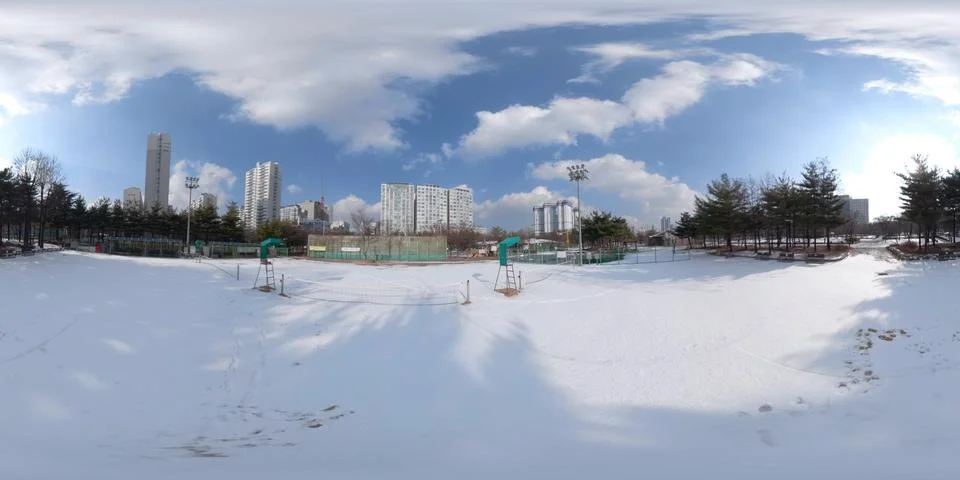 Panorama 360 degrees angle view of snow-covered park Stock Photos