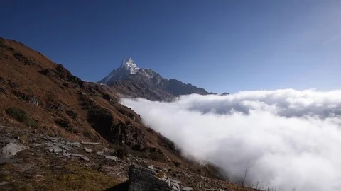Panorama Above The Clouds of Fish Tail Mountain Machapuchare Trek Nepal Stock Footage 80615179