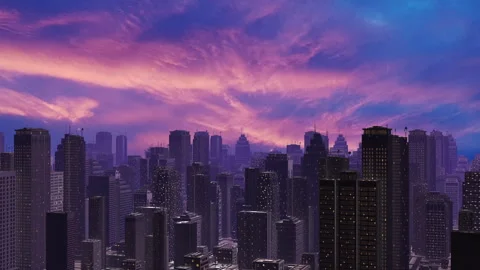 Panorama of abstract city skyline with pink sky reflection on modern skyscrapers Stock Footage 241250619