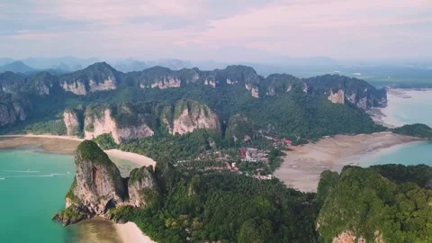 Panorama aerial drone view of cliffs and beaches in Krabi, Thailand 動画素材 345592823