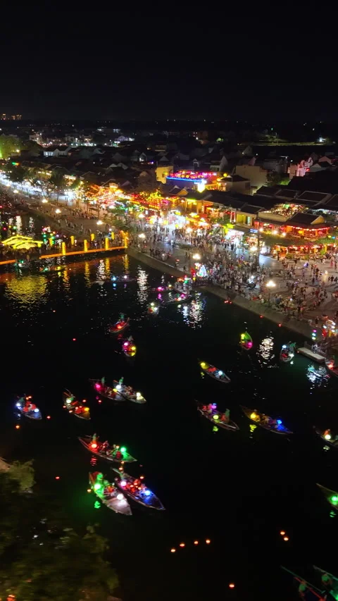 Panorama aerial drone view of Hoi An ancient town in night Video stock 308955372