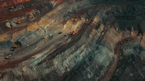 Panorama aerial view shot open pit mine coal mining, dumpers, quarrying extra Stock Footage