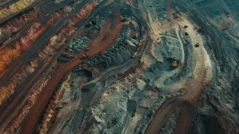Panorama aerial view shot open pit mine coal mining, dumpers, quarrying extra Stock Footage