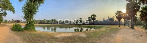 Panorama of Angkor Wat at sunrise Stock Photos