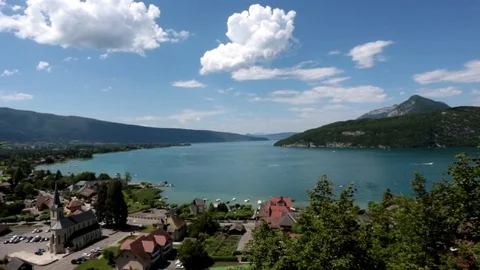 Panorama of Annecy Lake from Duingt with montains Stock Footage