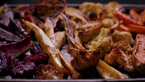 Panorama of Appetizing Roasted Vegetables Sunday Roast Close Up Stock Footage 334338349