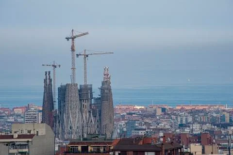 Panorama of Barcelona Spain featuring the construction of the Sagrada Familia Stock Photos