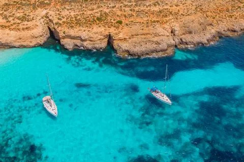 Panorama beach Blue Lagoon Comino Malta. Aerial view Stock Photos