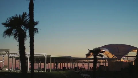 Panorama of beach infrastructure with palm trees at sunset light. Stock-Footage 76849098