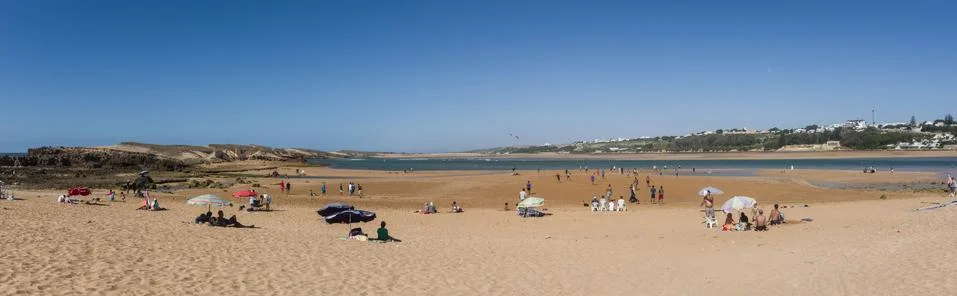 Panorama of beach Oualidia lagoon in same name village in Atlantic ocean coas Stock Photos