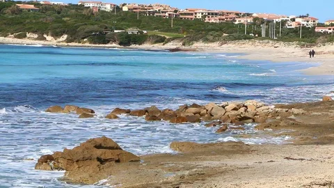 Panorama beach waves crushing winter Stock Footage 128929122