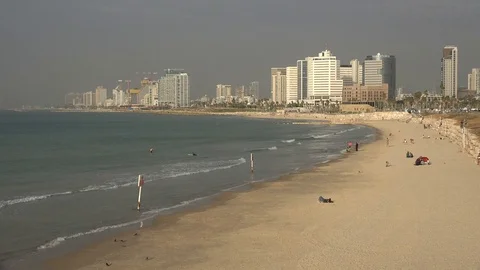 Panorama of beaches and skyline Tel Aviv Stock Footage