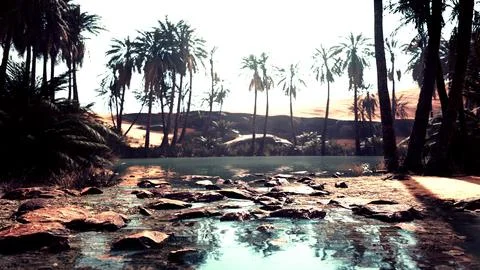 Panorama of Beautiful Oasis surrounded by sand dunes Stock Illustration
