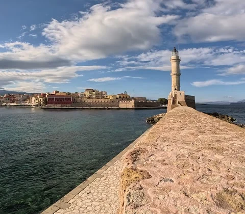Panorama of the beautiful old harbor of Chania, Crete, Greece. Stock Footage 260355059
