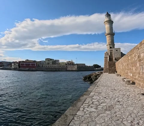 Panorama of the beautiful old harbor of Chania, Crete, Greece. Stock Footage 260356369