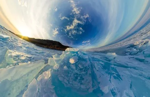 Panorama of the blue hummocks of Lake Baikal at sunset Stock Photos