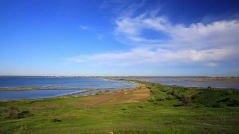 Panorama of blue lakes from a height, sky with clouds Stock Footage 195491740