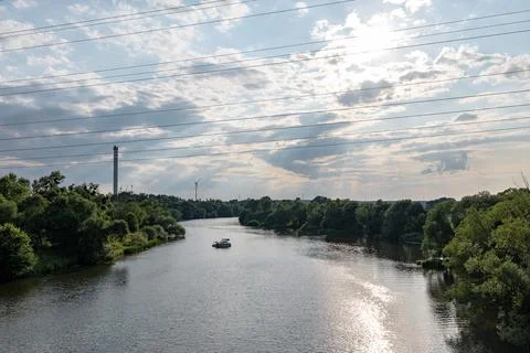 Panorama of blue Oder river in suburban areas Stock-Fotos