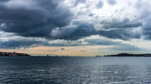 Panorama of the Bosphorus with dramatic sky at sunset Foto stock