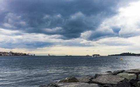 Panorama of the Bosphorus with dramatic sky at sunset Stock Photos