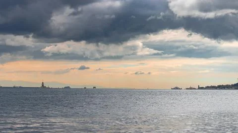 Panorama of the Bosphorus with dramatic sky at sunset Stock Photos