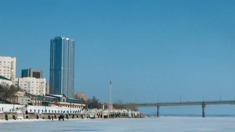 Panorama of the bridge over the ice river Stock Footage 85831691