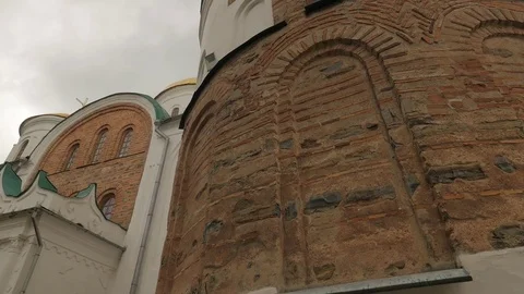 Panorama of Brown Brick Wall of Cathedral Architectural Heritage of Ukraine Stock Footage 71634571