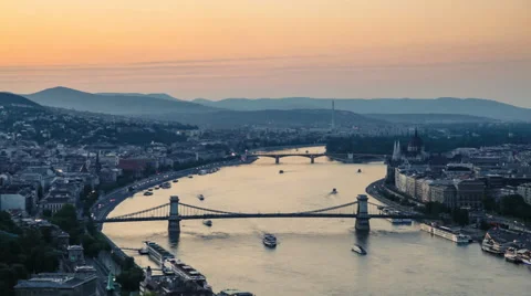 Panorama of Budapest and the Danube at Sunset, Hungary Stock Footage 40447072