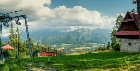 Panorama of Cables for funicular or cable car in the mountains in gubalowka a Stock Photos