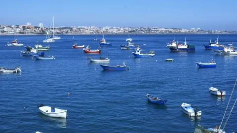 Panorama of Cascais Bay including crowded sandy Praia do Ribeiro on a sunny Stock Footage 112791908