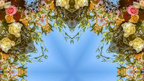 Panorama Circular and angular floral design with colorful flowers from a wedding Stock Photos