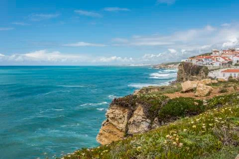 Panorama of the cliffs at Azenhas do Mar on the Portuguese Atlantic coast Stock Photos