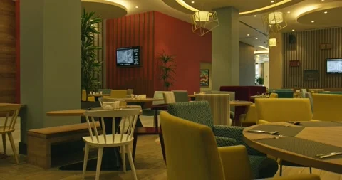 Panorama of a cozy cafe without visitors Stock Footage 263524485
