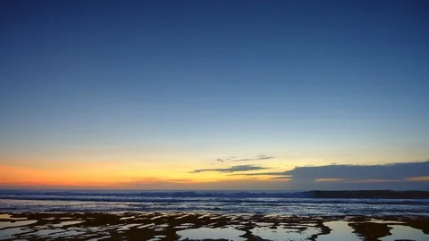 Panorama of a dark beach after sunset with deep blue water and blue night sky Stock Footage 114820469