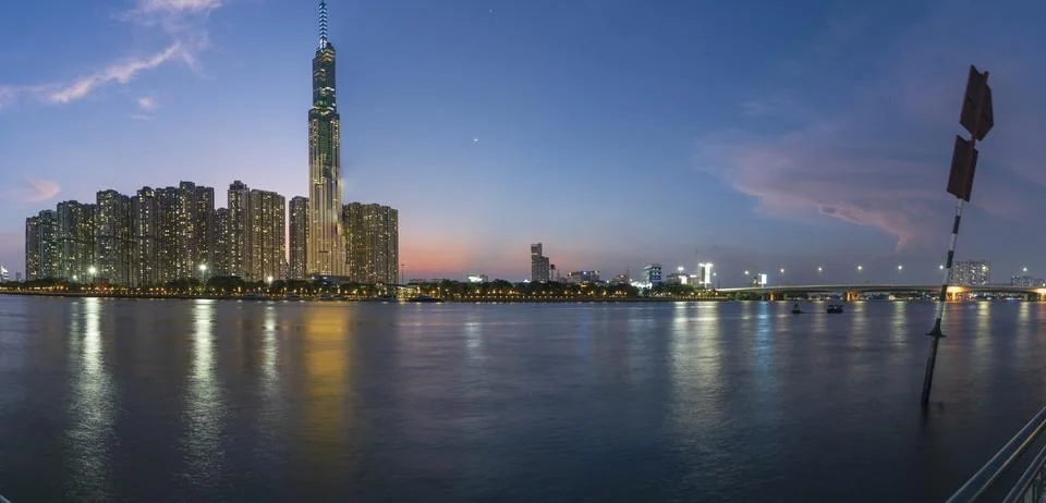 Panorama of district 2 Ho Chi Minh city at Evening with colorful sky, super h Stock Photos