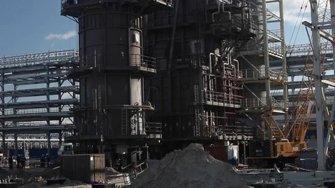 Panorama from down to the chimney and sky by Industrial zone Stock-Footage 114056683