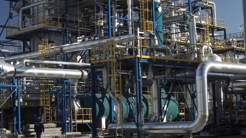 Panorama from down to up by The equipment of oil refining Stock-Footage 114056519