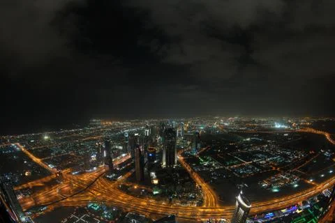 Panorama of down town dubai city at night Stock Photos