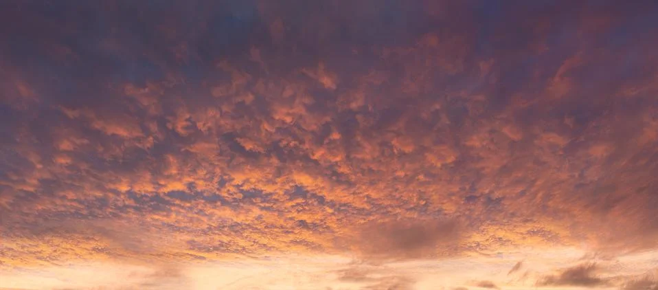 Panorama of dramatic cloudscape at sunset with red clouds on sky Stock Photos