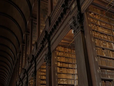 Panorama of Dublin Trinity College Library Long Room Stock Footage 80105555