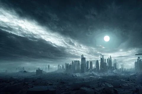 Panorama of dystopian sci-fi city / Digital artwork of futuristic post-apocal Stock Illustration