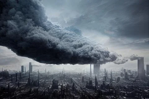 Panorama of dystopian sci-fi city / Digital artwork of futuristic post-apocal Stock Illustration