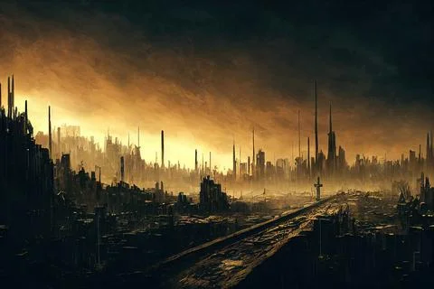 Panorama of dystopian sci-fi city / Digital artwork of futuristic post-apocal Stock Illustration