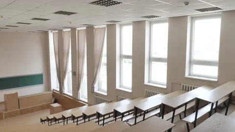 Panorama Of Empty Large Lecture Hall, Classroom with Big Bright Windows Stock Footage 157981715