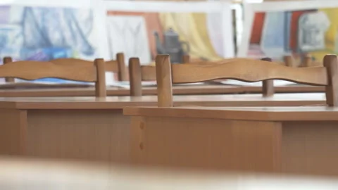 Panorama empty tables in a class room Stock Footage 85625601