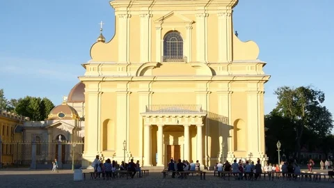 Panorama of Facade of the Chapel of Peter and Paul Fortress and tourists Stock Footage 82717723