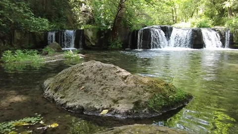 Panorama of the falls in the forest. Green landscape Stock Footage 234268047