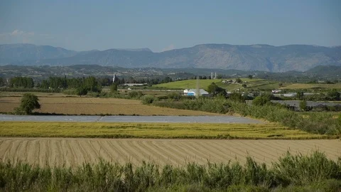 Panorama of the fields, in the background the road with moving cars. Stock-Footage 92154253