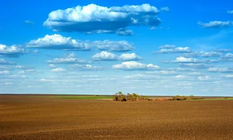 Panorama of fields prepared for sowing, smooth lines on hilly terrain and an  Stock Photos